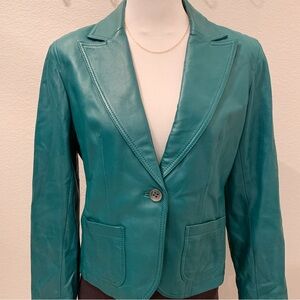 Casual Corner Leather Jacket Blazer Women’s Size Small Teal Blue Emerald Green
